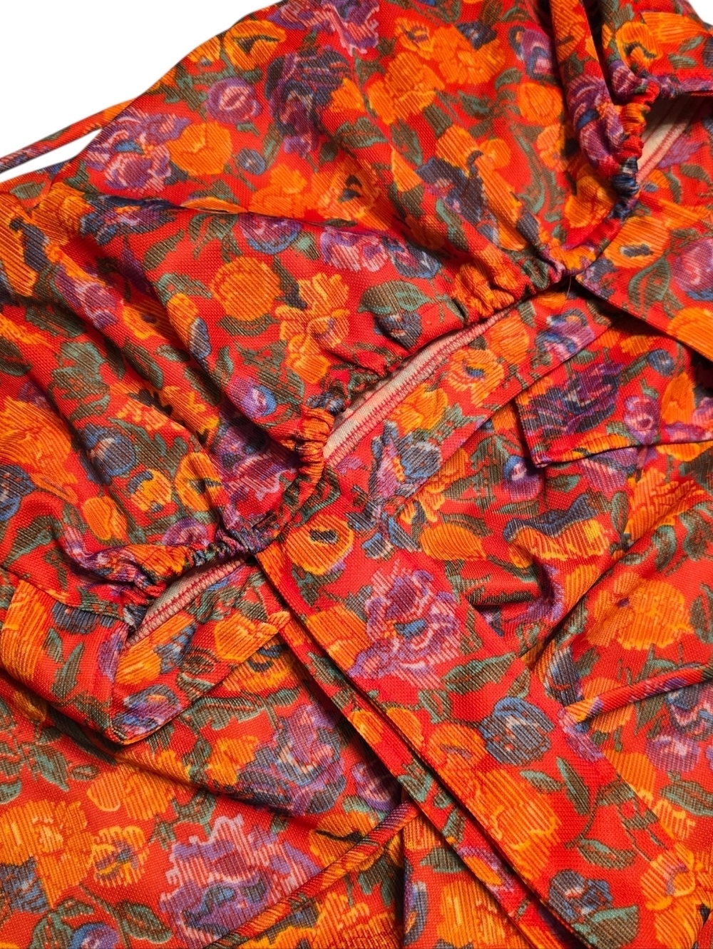 Vintage 1970s Sears Floral Psychedelic Pinafore Apron Dress Red Orange 16.5 - Picture 11 of 14
